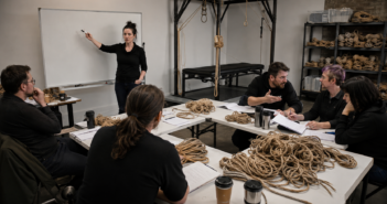 Adults debating around a workshop table covered with papers and untouched coils of rope while an empty suspension frame stands behind them.