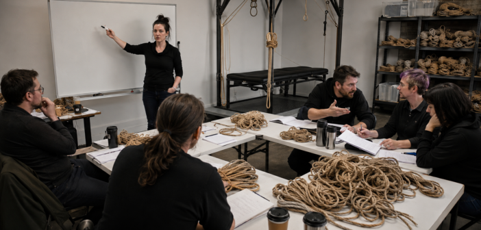 Adults debating around a workshop table covered with papers and untouched coils of rope while an empty suspension frame stands behind them.