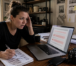 An adult digital-content creator looks frustrated while editing a rejected product listing on a laptop.