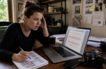 An adult digital-content creator looks frustrated while editing a rejected product listing on a laptop.