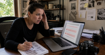 An adult digital-content creator looks frustrated while editing a rejected product listing on a laptop.