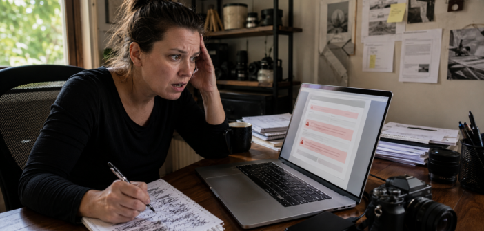 An adult digital-content creator looks frustrated while editing a rejected product listing on a laptop.